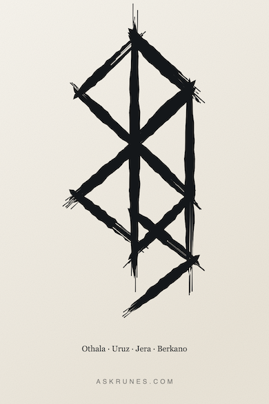 Bindrune for Capricorn zodiac sign, combining runes Othala, Uruz, Jera and Berkano