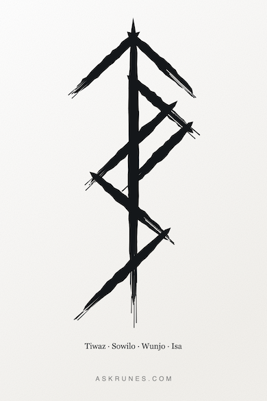 Bindrune for Leo zodiac sign, combining runes Sowilo, Tiwaz, Wunjo and Isa