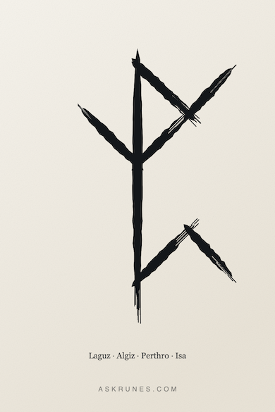 Bindrune for Pisces zodiac sign, combining runes Laguz, Algiz, Perthro and Isa