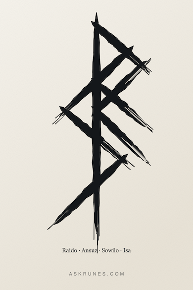 Bindrune for Sagittarius zodiac sign, combining runes Raido, Ansuz, Sowilo and Isa